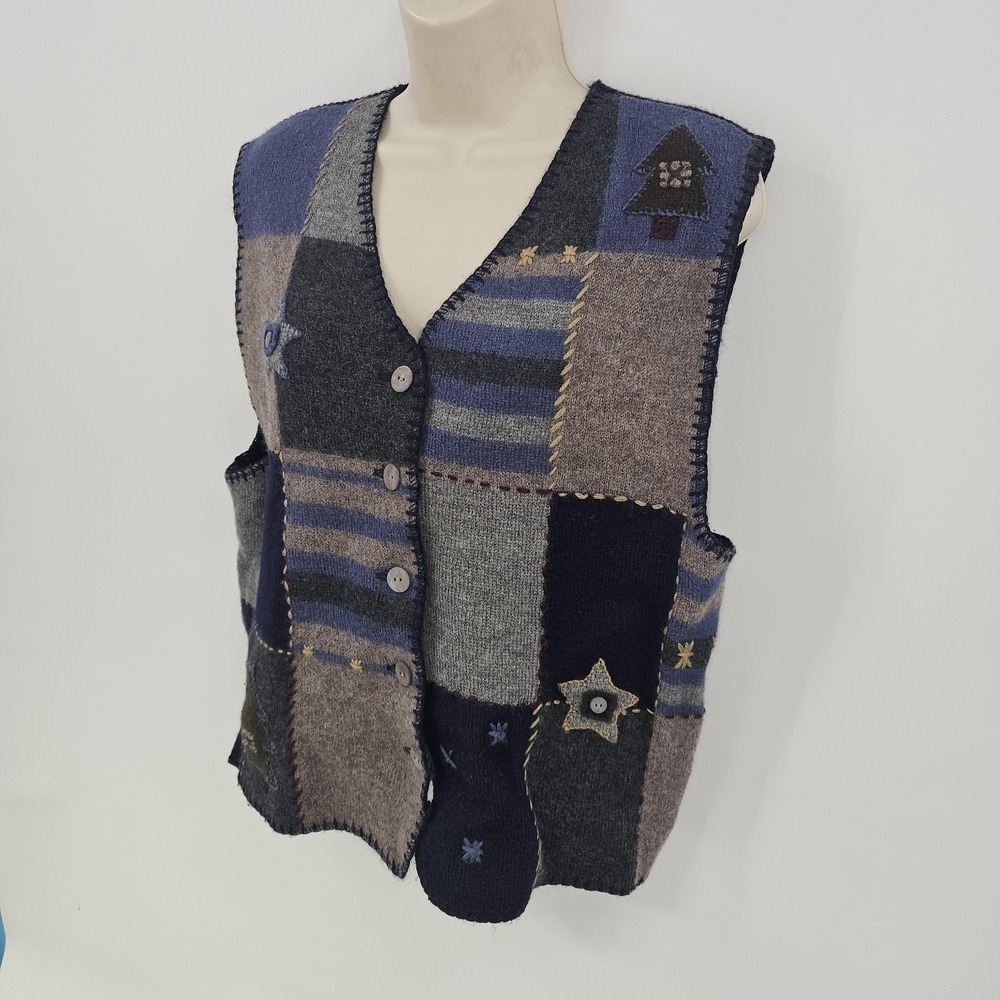 VTG Woolrich Sweater Vest Women L Navy Wool Patchwork 90s Cabincore Grandmacore - Picture 3 of 13